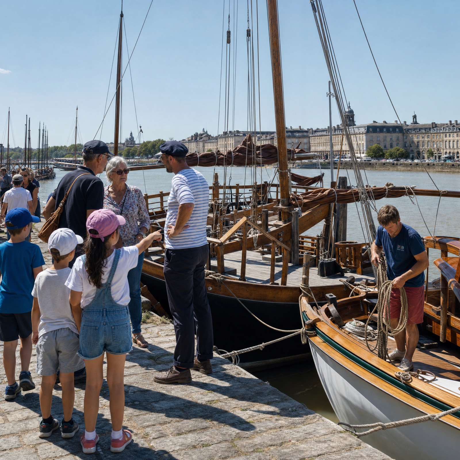 Bénévoles mettant à l'eau une pinasse restaurée au port de La Barbotière